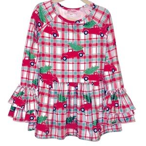 Clover Cottage Size 7/8yrs Plaid Ruffled Sleeve Red Christmas Truck Tunic/Dress